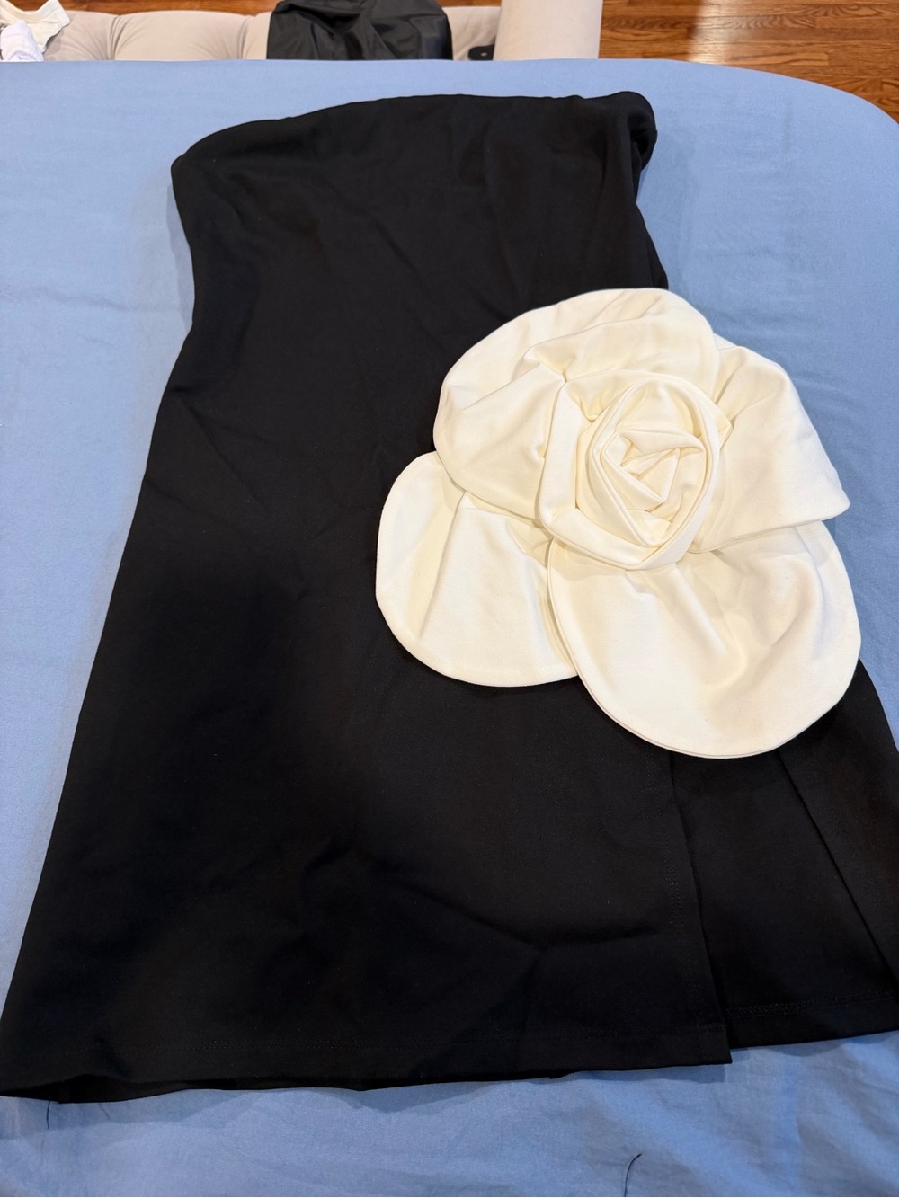 Strapless Black Dress with Ivory Floral Accent